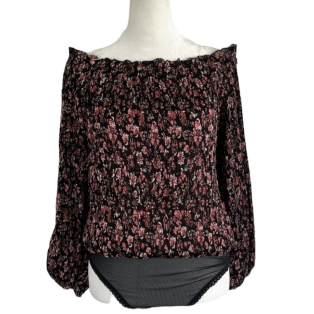 NWOT Free People Pink Floral Slub Off Shoulder Boho Blouse Body Suit Size Small